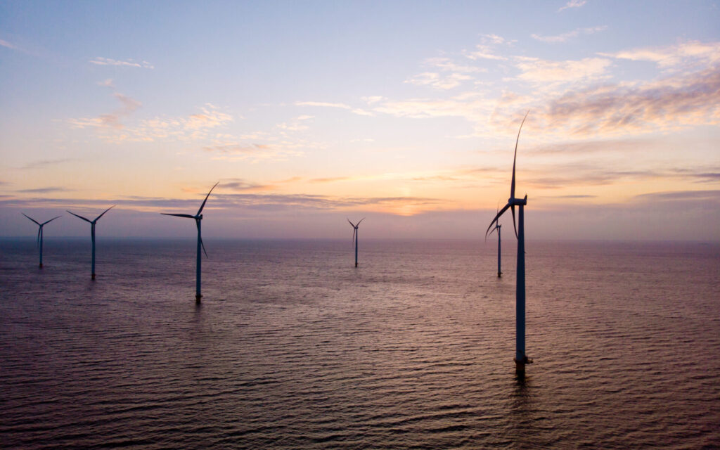 Windmill park with windmills turbines in the Netherlands